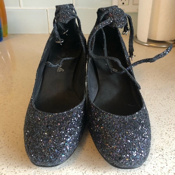 NEW Free People Lana Block Heel Dark Blue Glitter - Picture 5 of 9